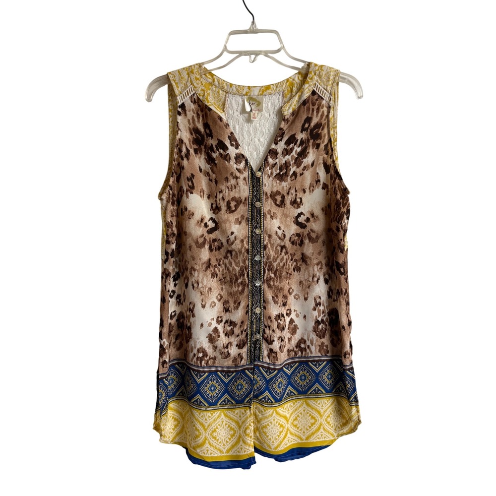 Fig &‎ Flower Womens Leopard Paisley Lace Back Sleeveless Tunic Top Large Boho